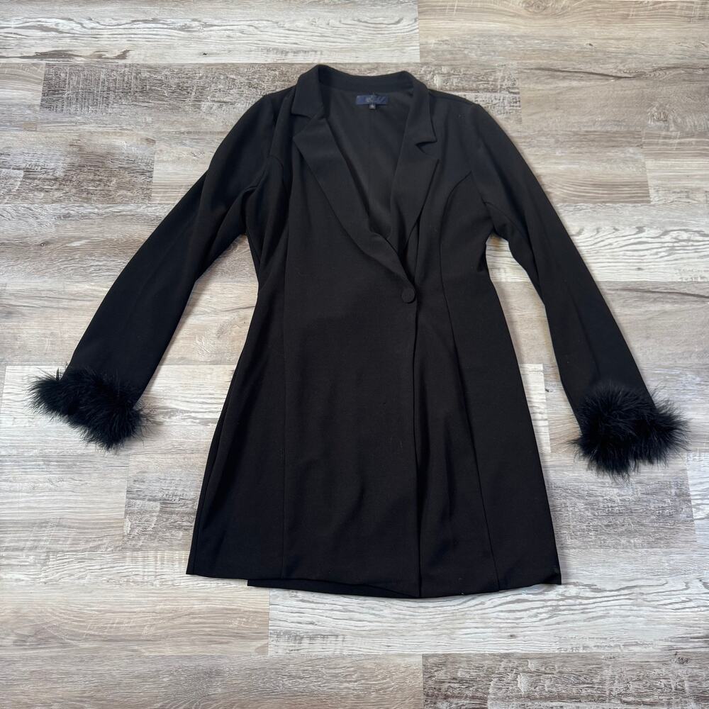 Rachel Roy Black Feather Cuff Blazer Dress Tuxedo Jacket Mob Wife Party Fall L